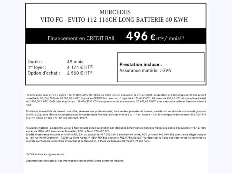 Mercedes Vito e 112 Fourgon Long 116ch 24990€HT BATTERIE 60kWh G - Image 11 (July 7, 2026)